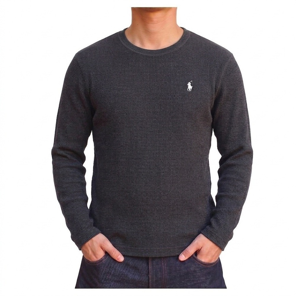 Polo Ralph Lauren Mens Large Charcoal Gray Waffle Knit Thermal Long Sleeve Shirt